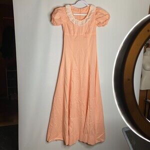 Vintage Handmade Dress Swiss Dot Lace Collar Short Puff Sleeve Maxi Twirl Size S